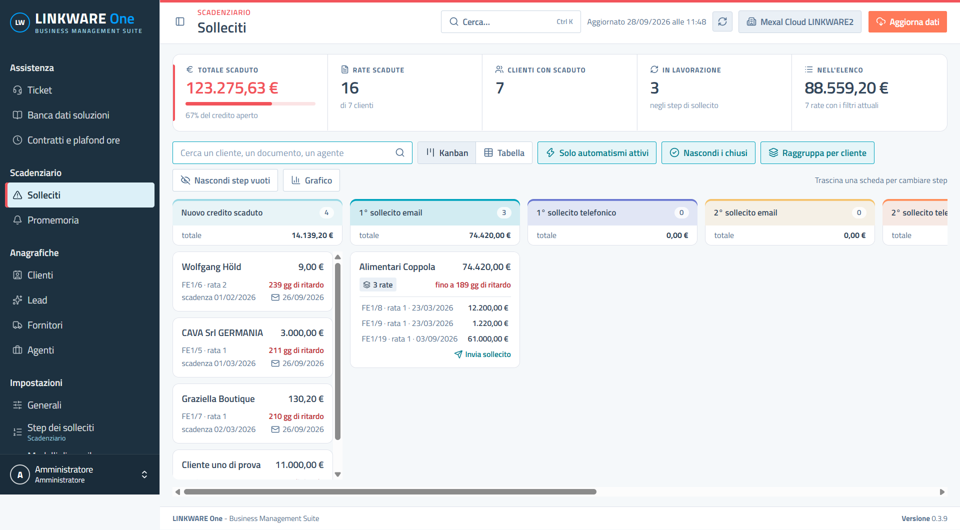 Kanban dei solleciti di LINKWARE One con le rate raggruppate per step